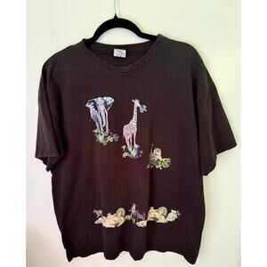 Vintage 90s Black LA Lights African Animal Lion Short Sleeve Tee Shirt Large XL